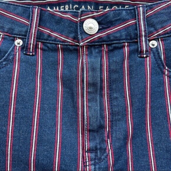 American Eagle Women's Mini Skirt Sz 10R Stretch Hi-Rise Raw Hem Stripe Blue Red - Picture 5 of 14